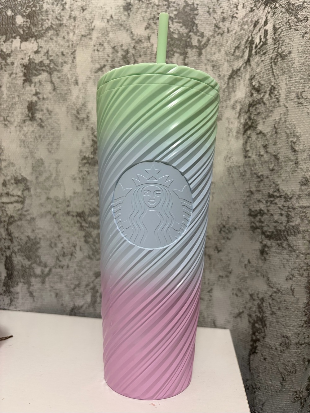 Starbucks Gradient Pastel Green White Pink Swirl Tumbler with Straw